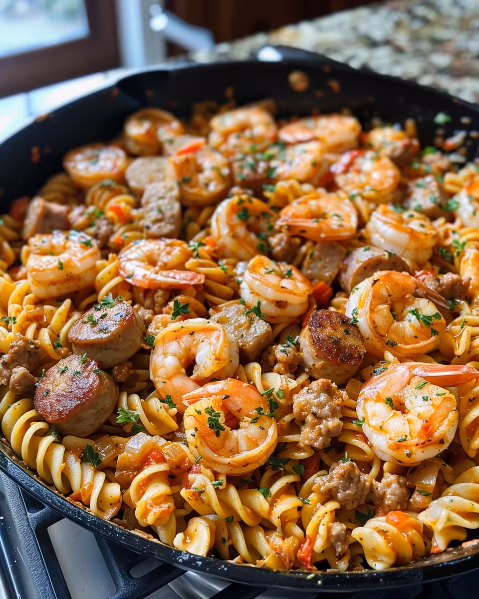 Garlic butter shrimp pasta cooking in pressure cooker, steam rising