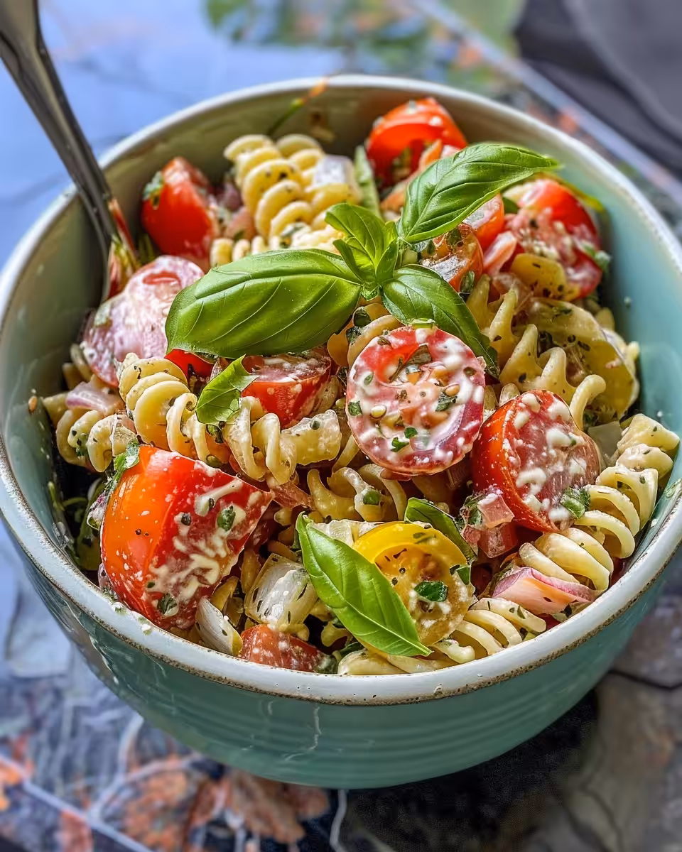 Ingredients for high protein pasta salad including chicken, mozzarella, and fresh veggies