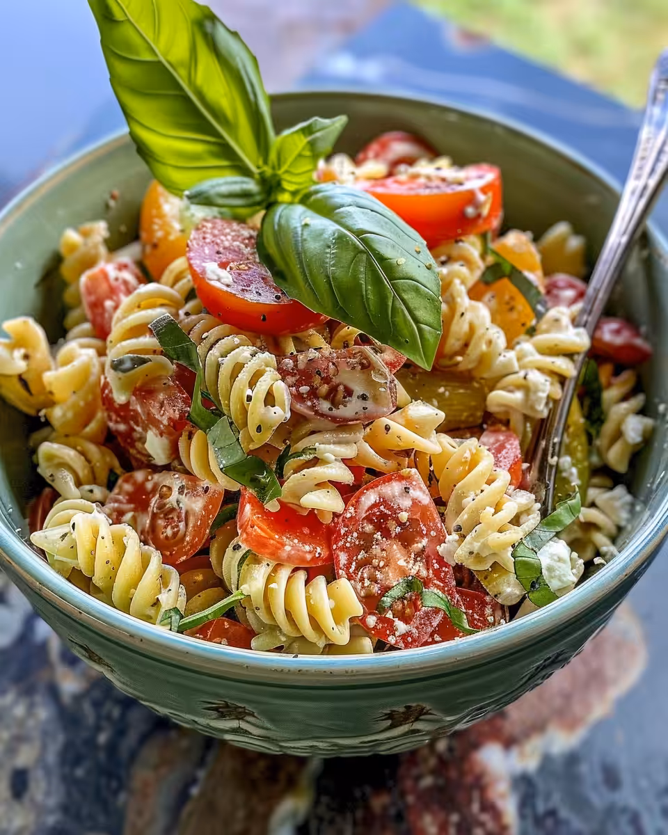 Final plated high protein pasta salad served fresh