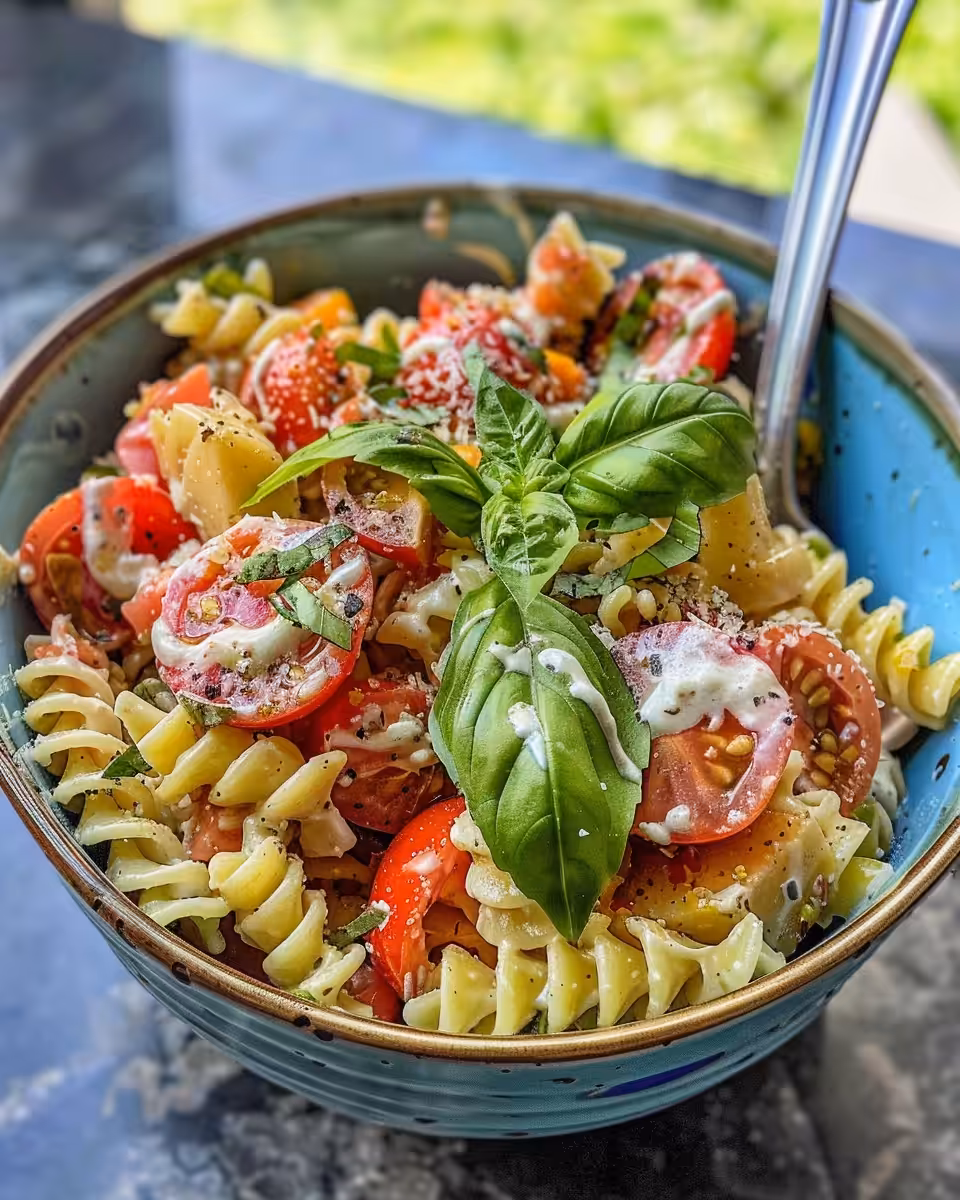 Close up of pressure cooker pasta salad with fresh vegetables and mozzarella pearls