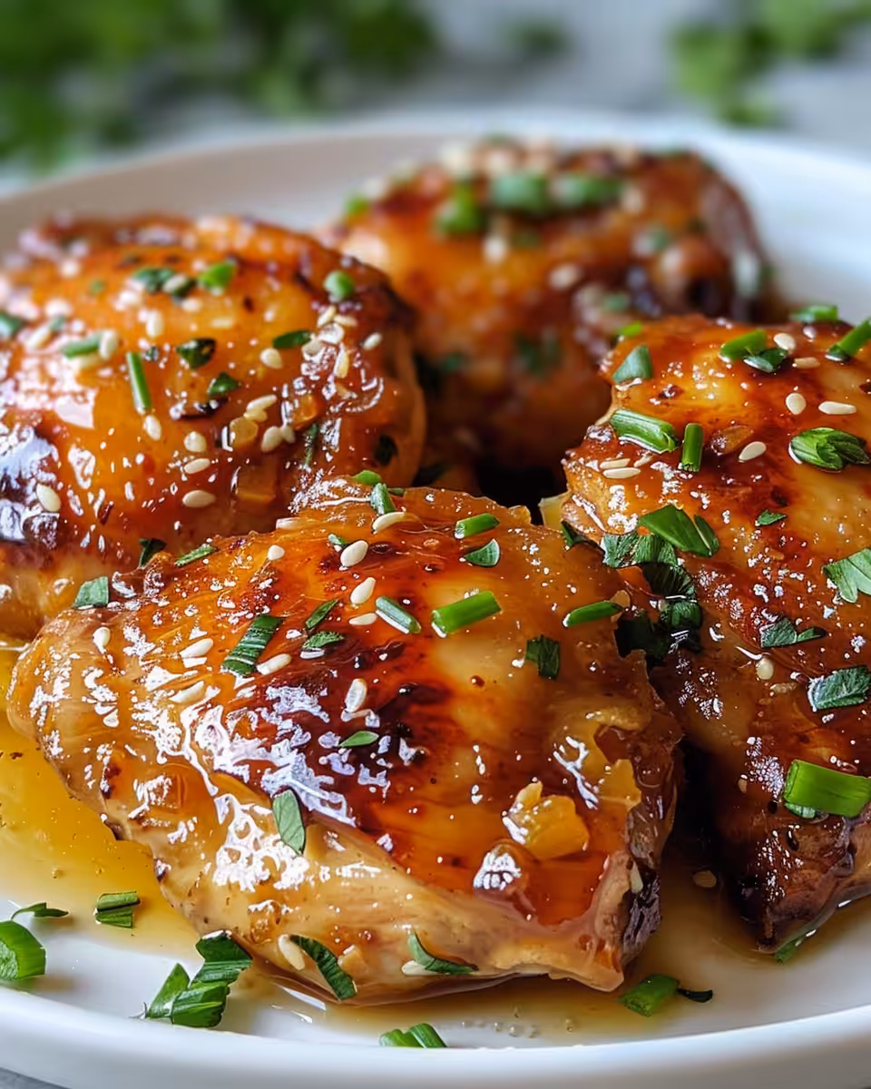 Ingredients for honey garlic chicken thighs, including honey, garlic, stock, and spices