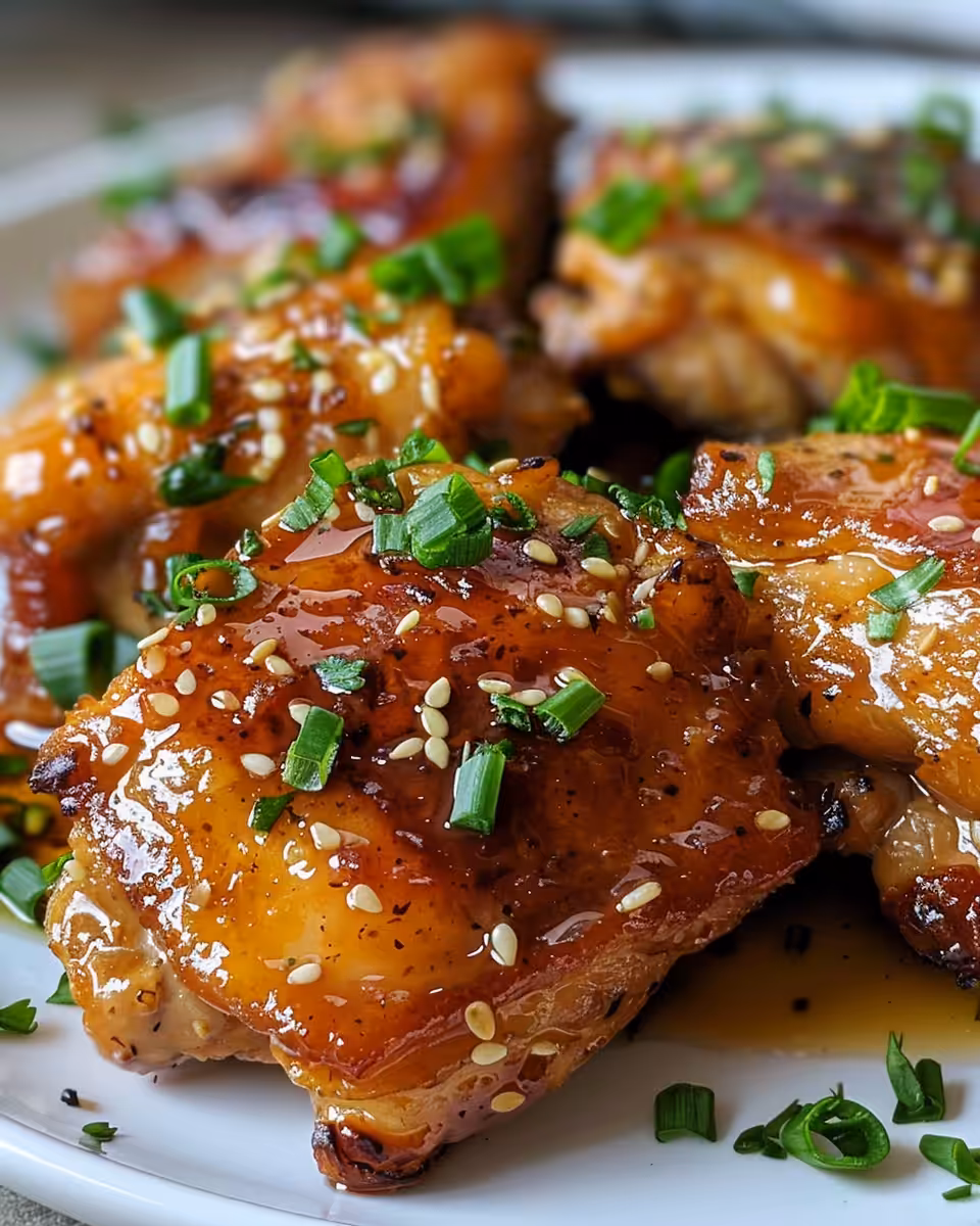 Freshly cooked honey garlic chicken thighs served with parsley garnish