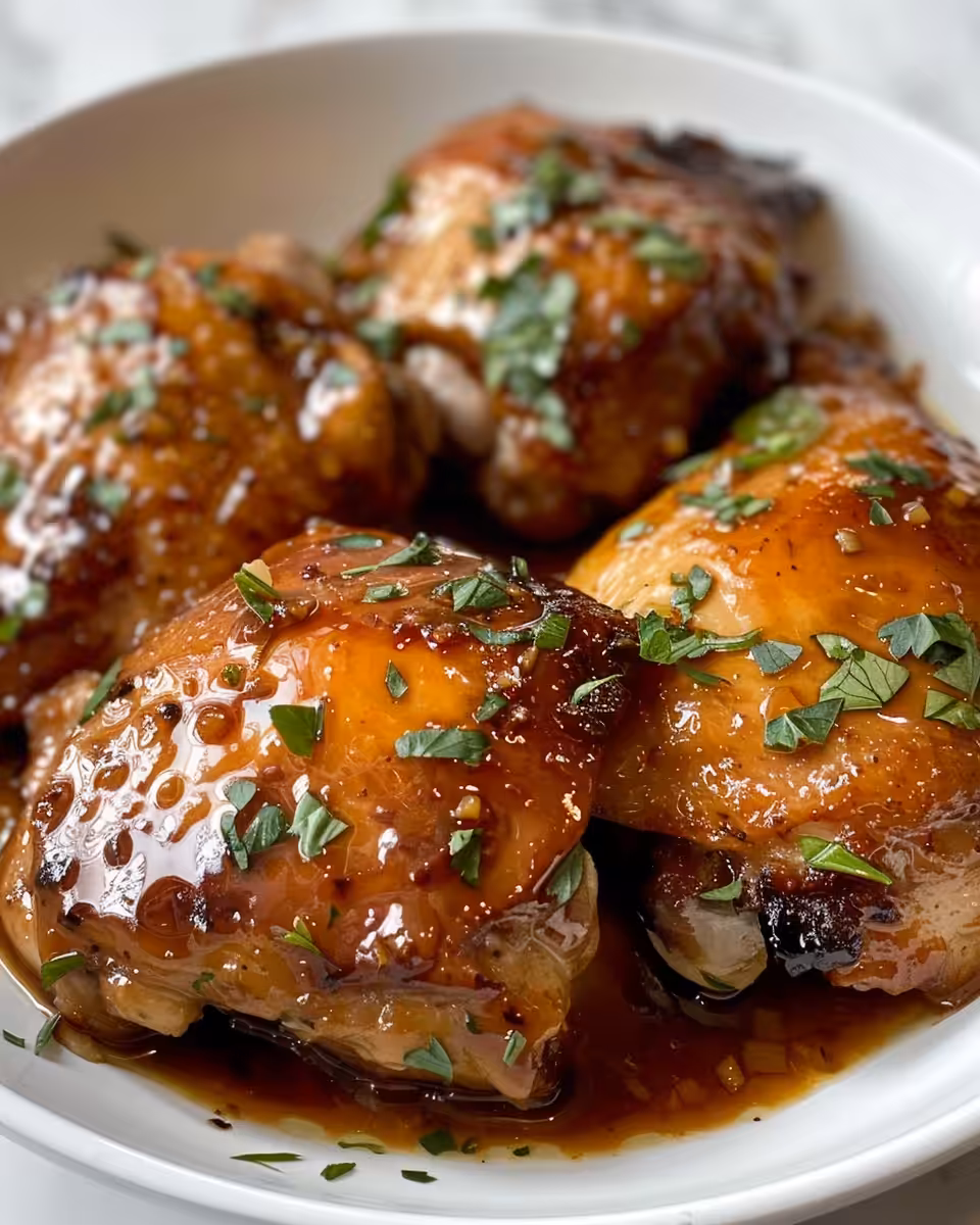 Final plated honey garlic slow cooker chicken thighs with sticky savory sauce