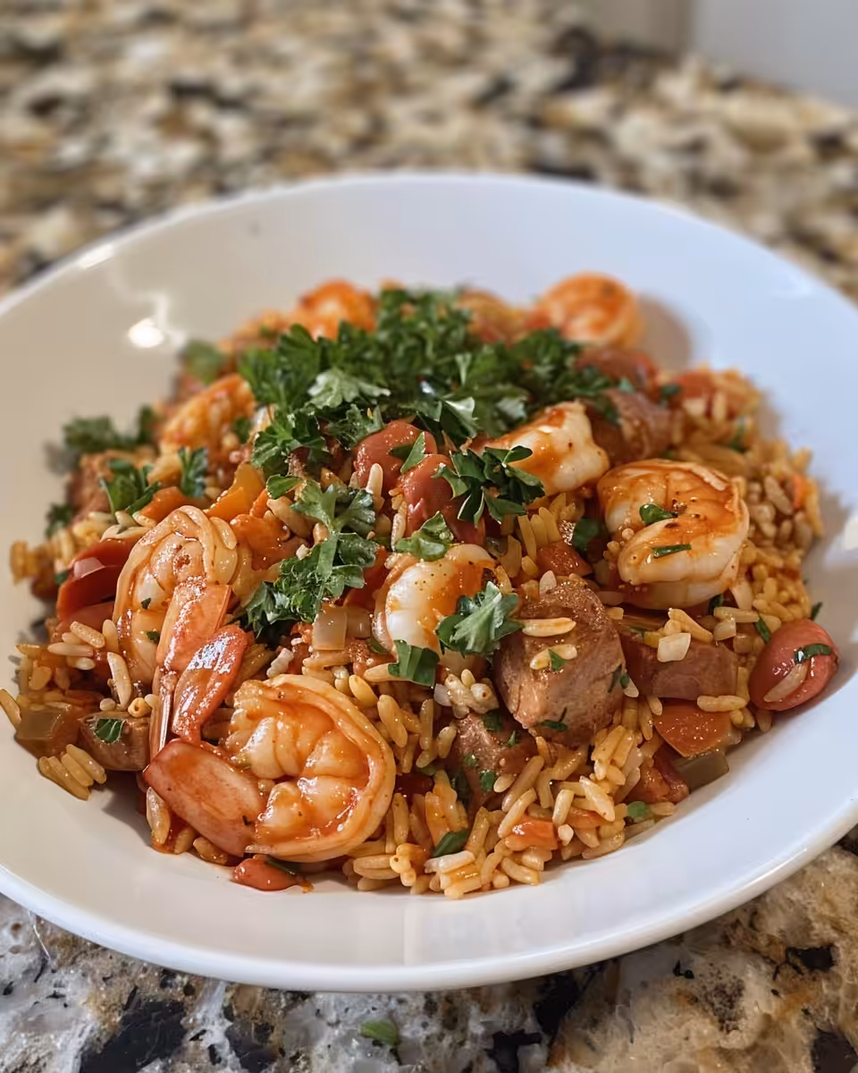 Key ingredients for jambalaya with sausage, vegetables, and spices