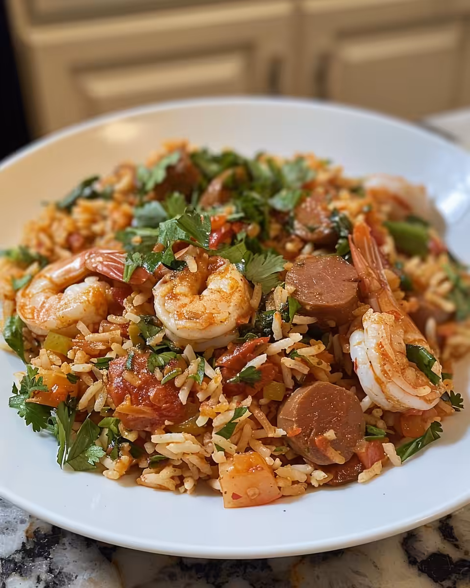 Final serving of jambalaya with shrimp, sausage, and green onion garnish