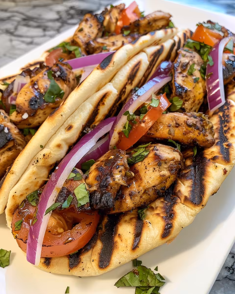 Final plated Greek chicken gyros wrapped in pita with fresh toppings
