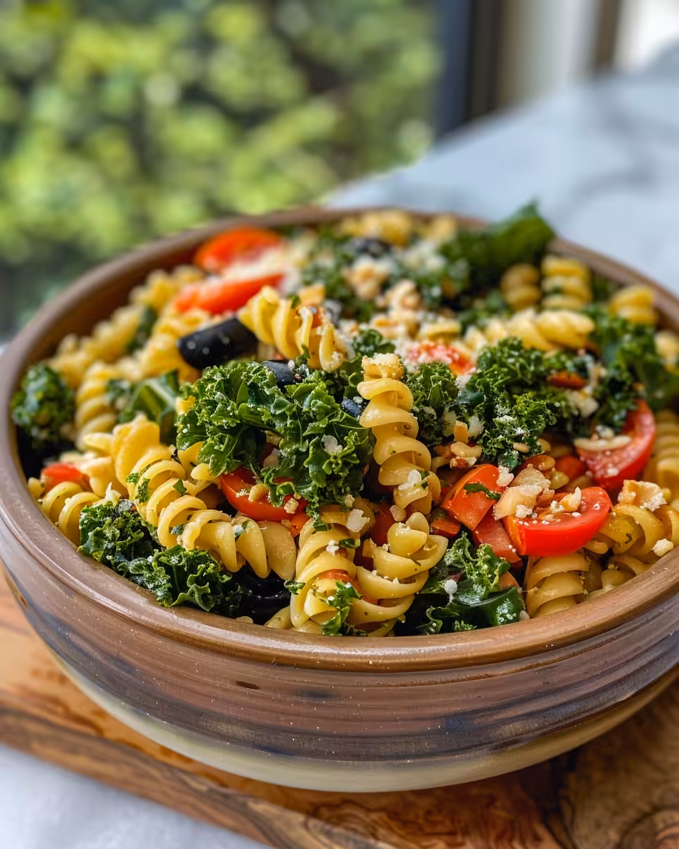 Close up of fresh ingredients for Mediterranean pasta kale salad including feta and sundried tomatoes