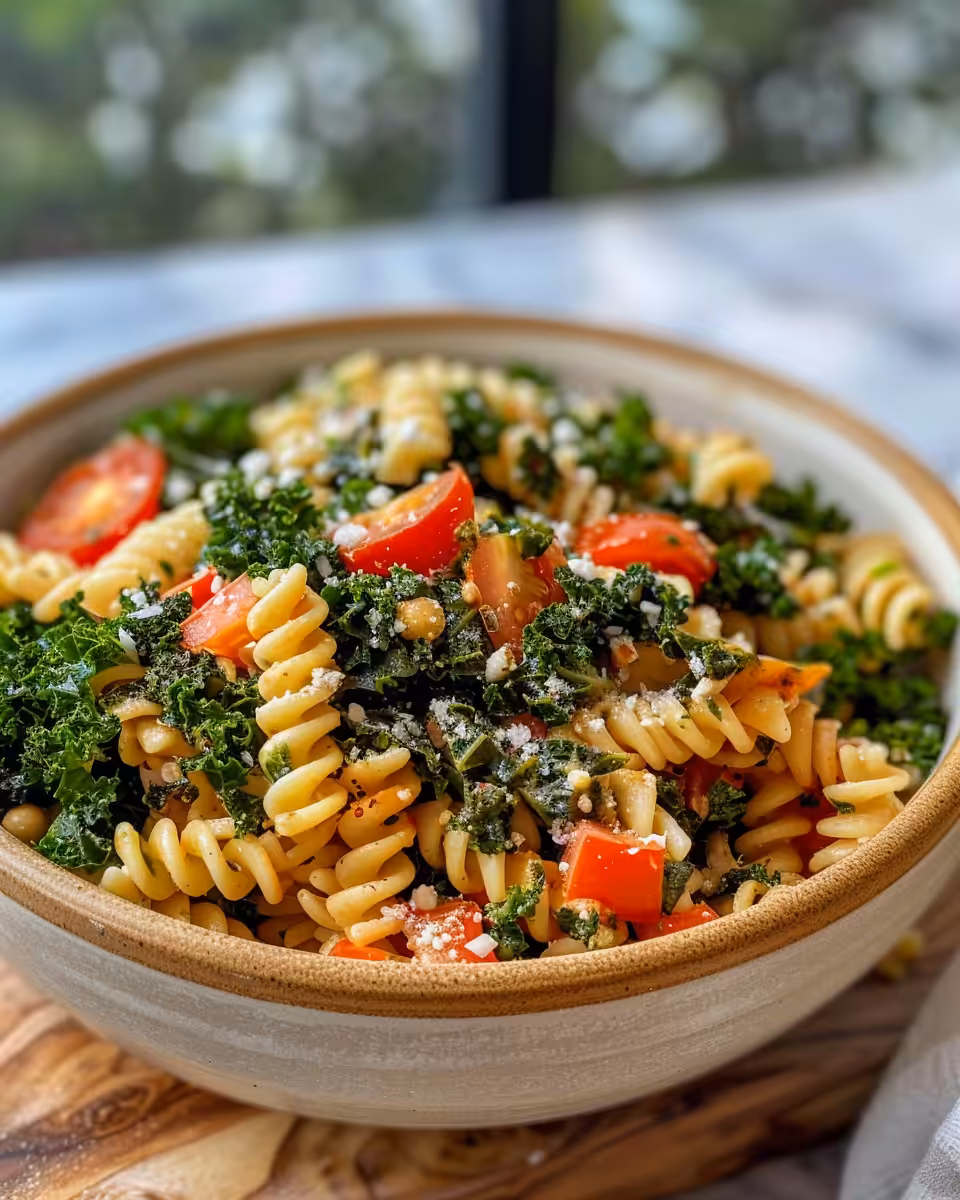 Tossed Mediterranean pasta with kale and dressing ready to serve