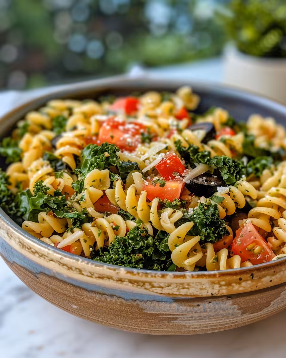 Fresh Mediterranean pasta and kale salad in bowl
