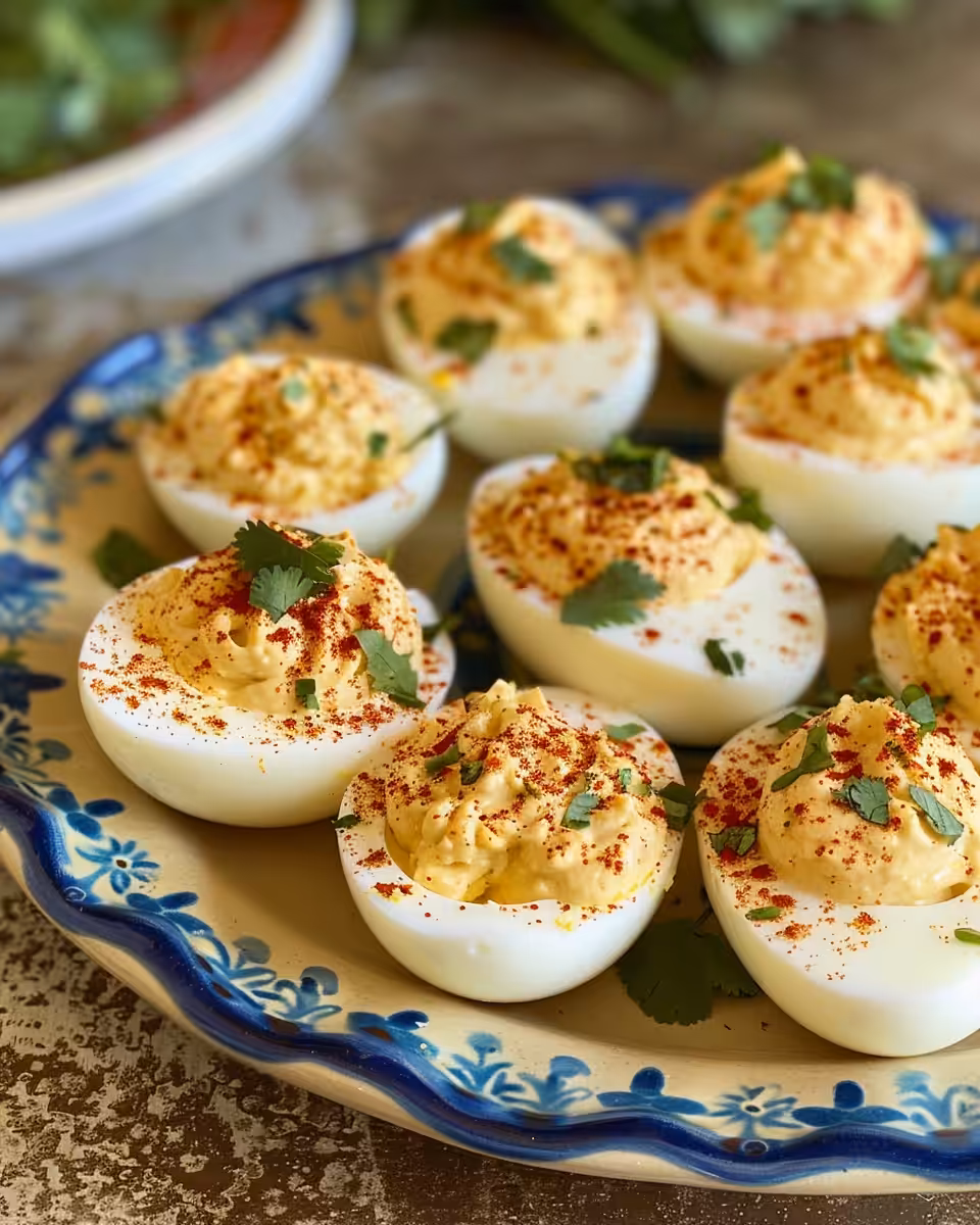 Final plated Mexican street corn deviled eggs garnished with chili powder and cilantro
