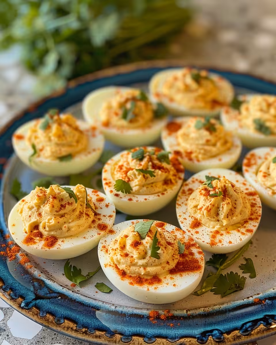 Close-up of Mexican street corn deviled eggs in a bowl with vibrant colors