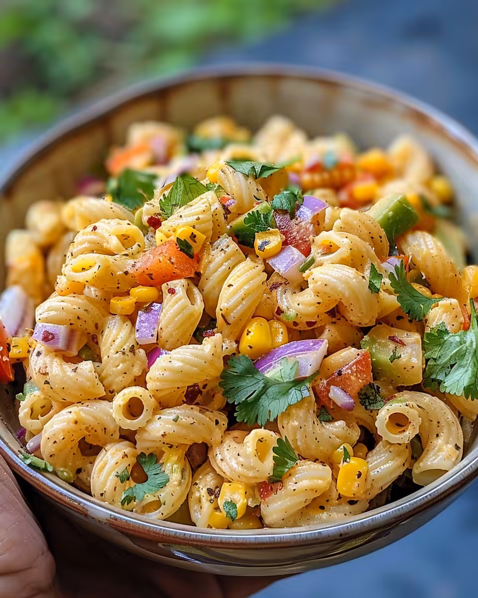 Ingredients combined in bowl for Mexican street corn pasta salad with cotija cheese and cilantro