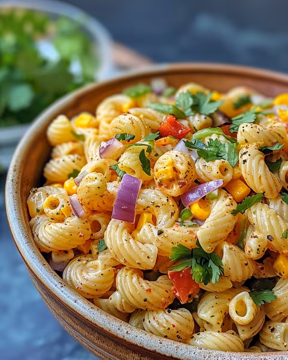 Serving of finished Mexican street corn pasta salad with garnished cilantro