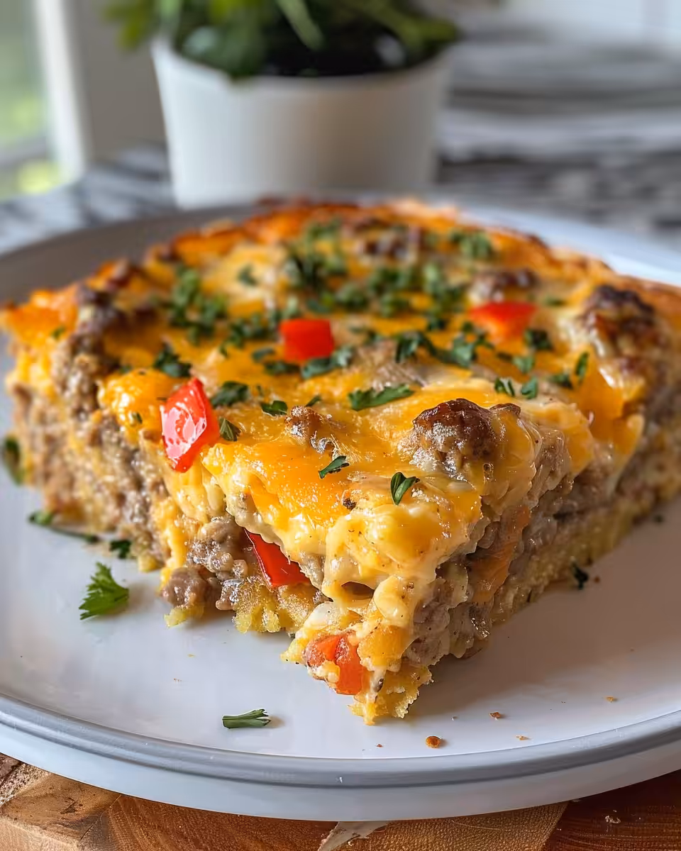 Final serving of cheesy crockpot breakfast casserole with golden crust