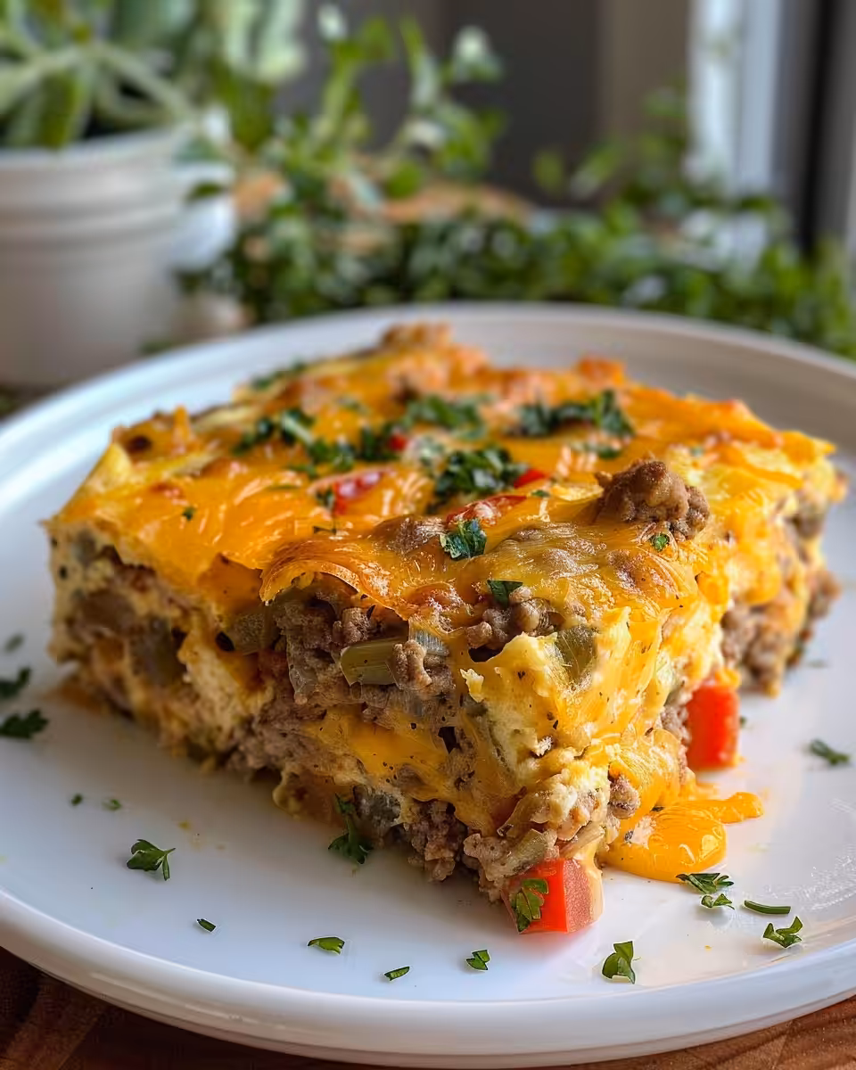 Overnight crock pot breakfast casserole with eggs, cheddar, and ham steaming in pot
