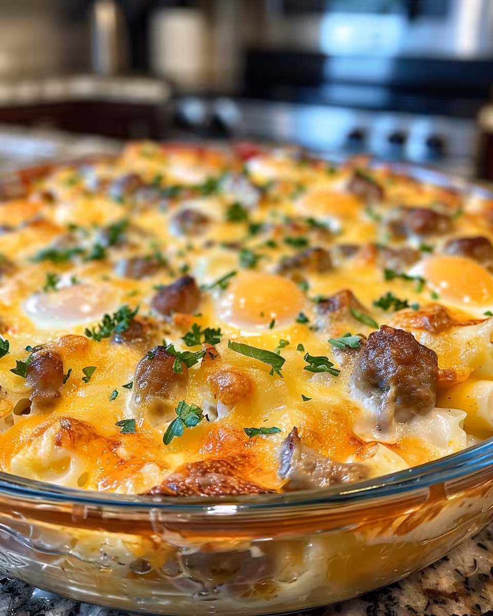 Finished golden crispy breakfast casserole slice served