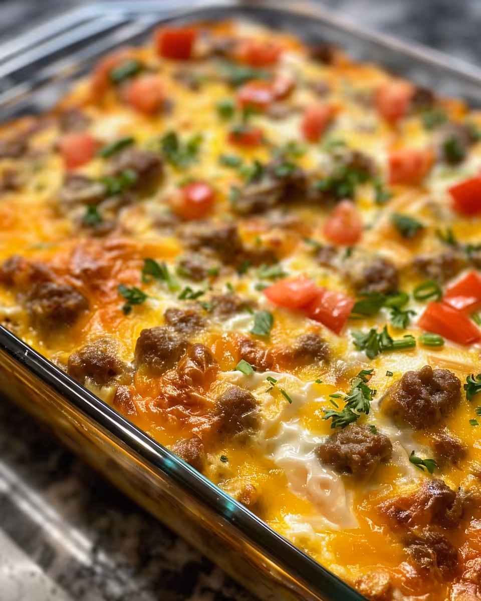 Ingredients for sausage and egg casserole mixed in a bowl