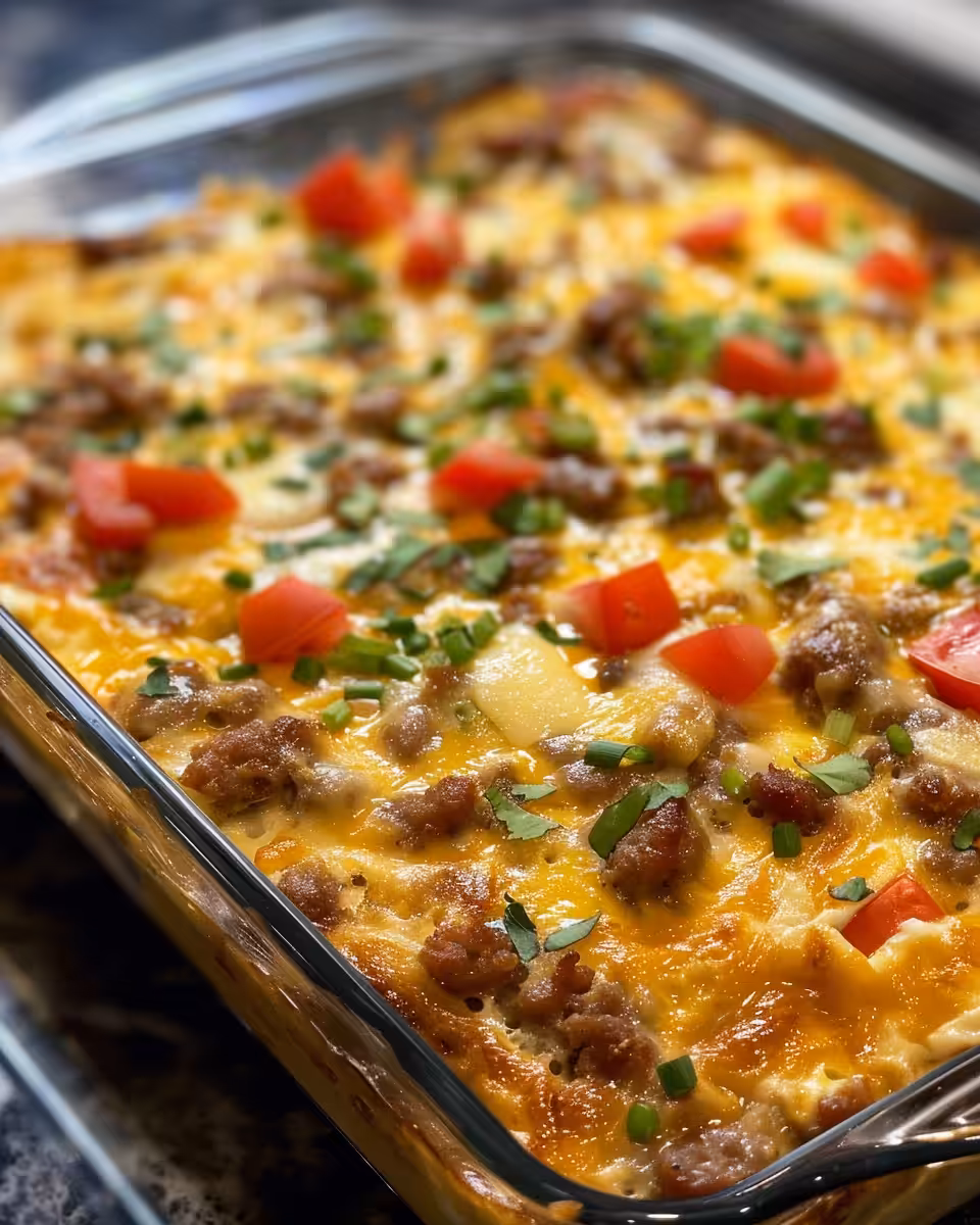 Sliced serving of pressure cooker sausage and egg casserole ready to enjoy