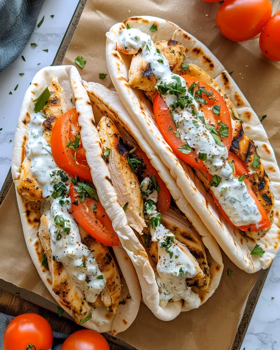 Final plated chicken pitas with tzatziki and fresh toppings ready to serve