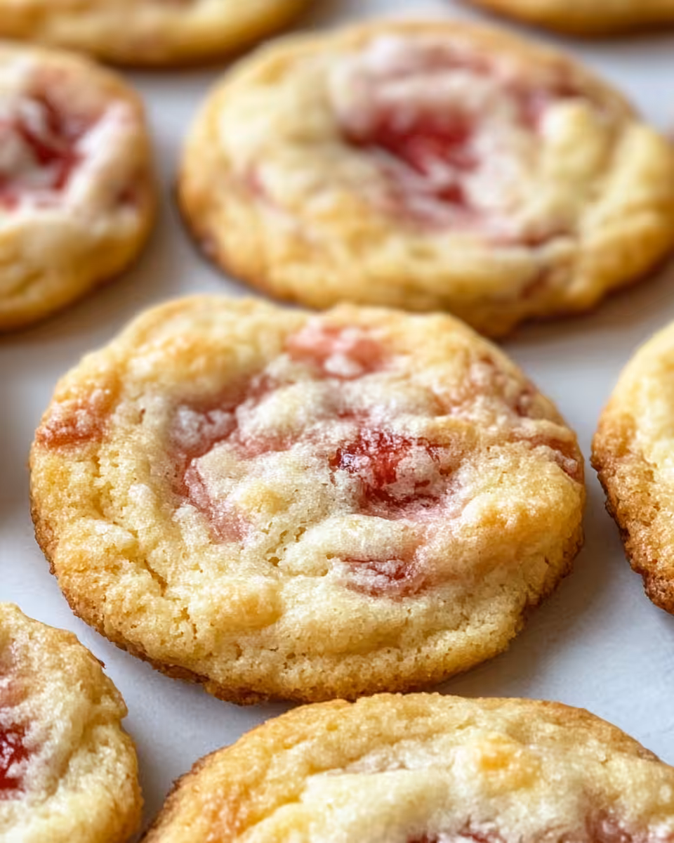 Freshly baked Strawberry Cheesecake Cookies cooling on rack