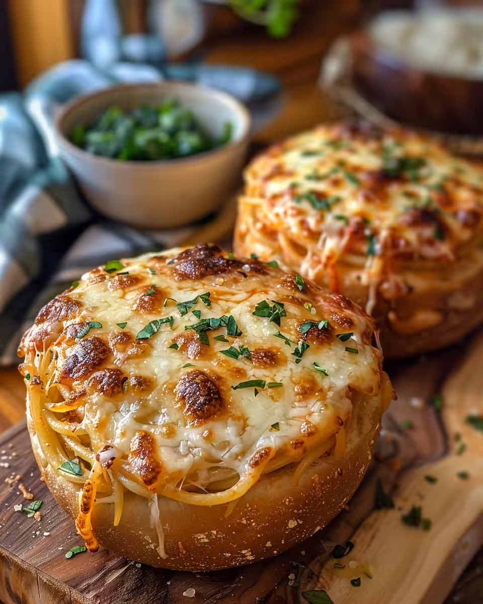 Pressure cooker fresh spaghetti garlic bread bowls with melty cheese inside