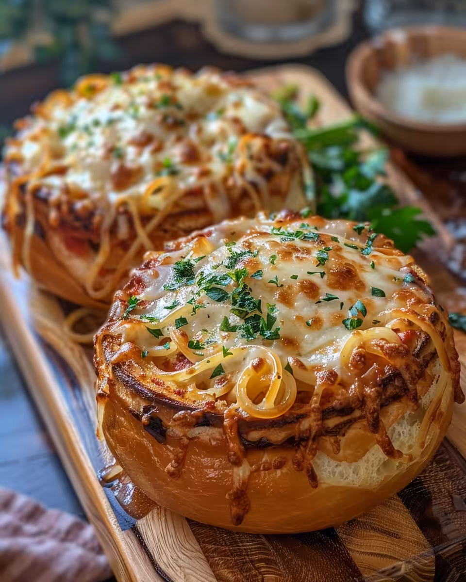 Ingredients for spaghetti garlic bread bowls ready to be prepared