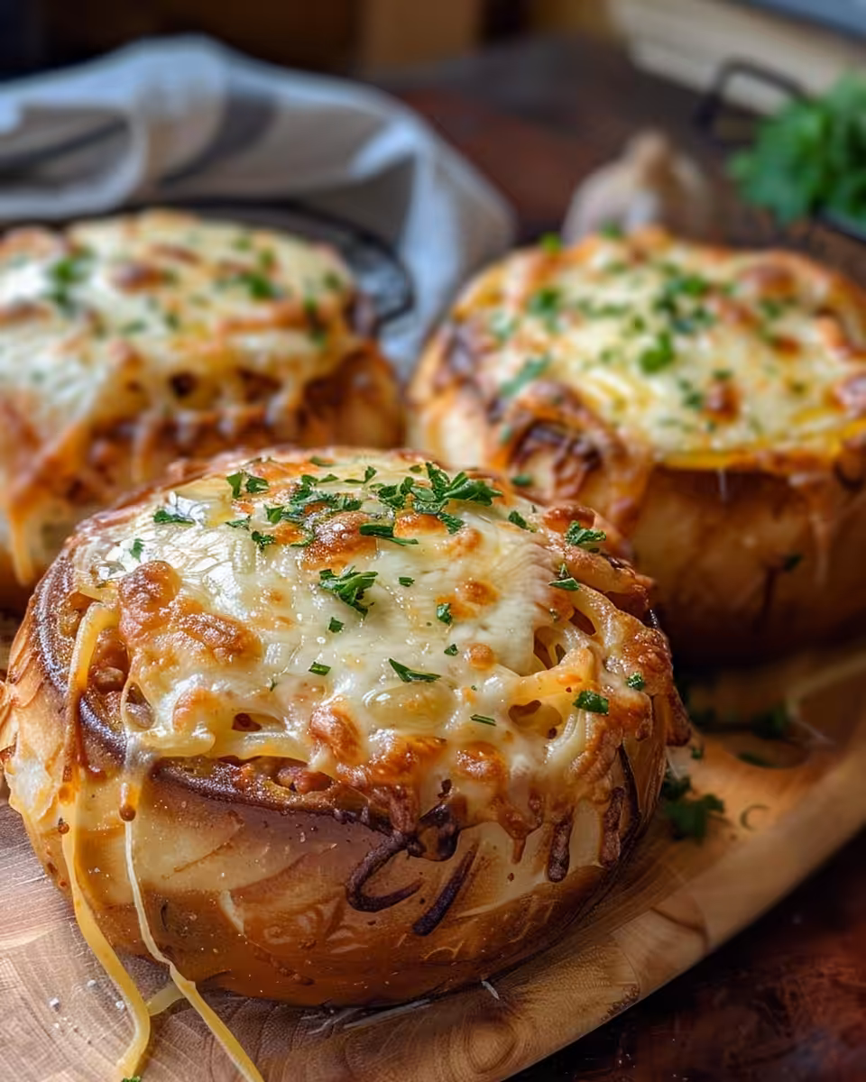 Final cheesy spaghetti garlic bread bowls ready to serve with fresh herbs