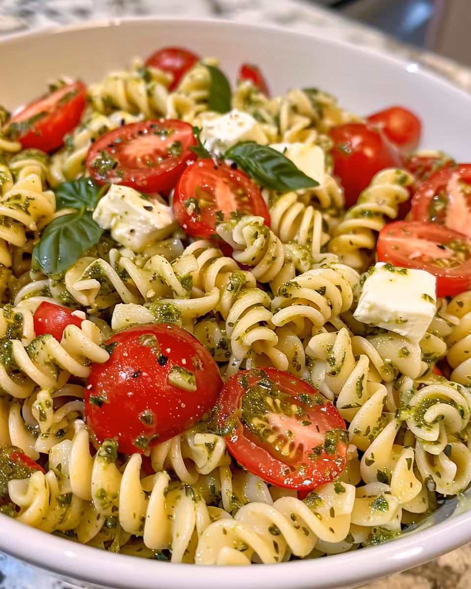 Ingredients for pesto pasta salad including cherry tomatoes, cucumbers, and mozzarella