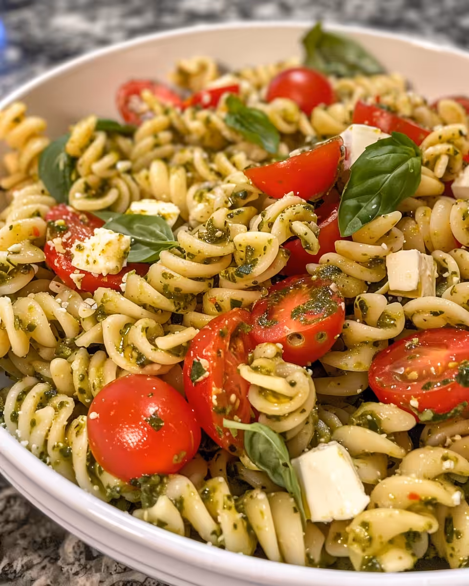 Finished plated pesto pasta salad with fresh herbs and pickled veggies