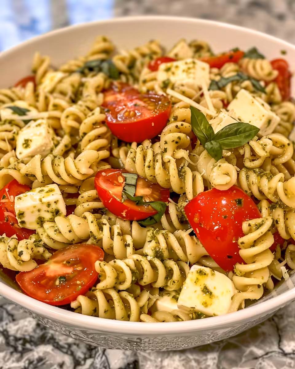 Fresh pesto pasta salad with tomatoes and mozzarella
