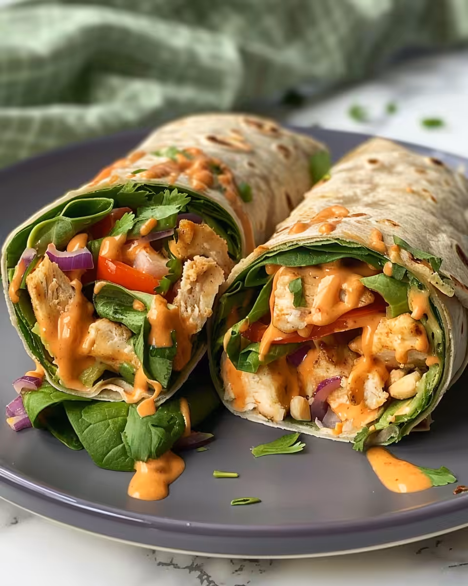 Ingredients for Thai peanut chicken wraps including fresh vegetables and peanuts