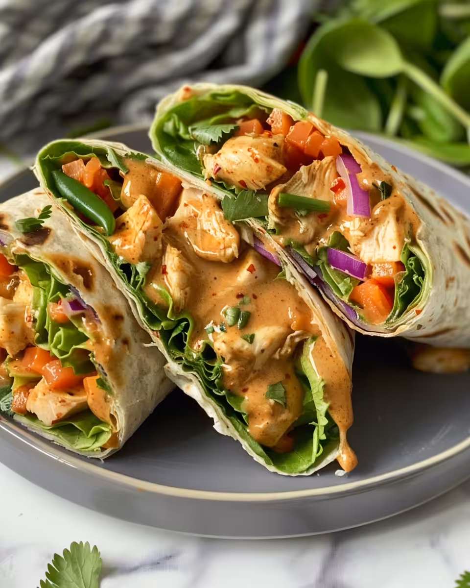 Tortillas laid out with Thai chicken wrap filling ready to roll