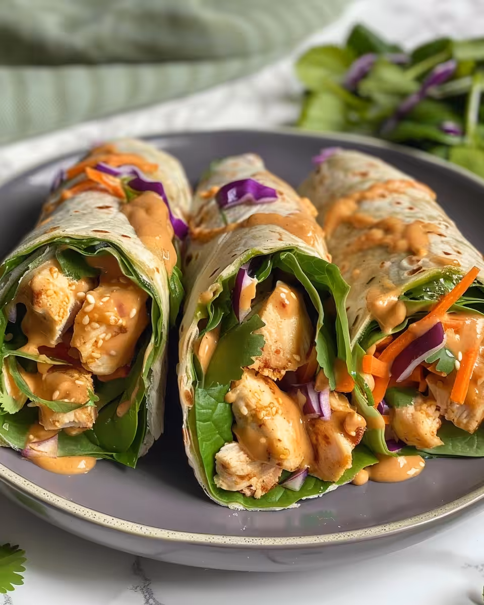 Close-up of easy thai peanut chicken wraps showing fresh wraps and filling