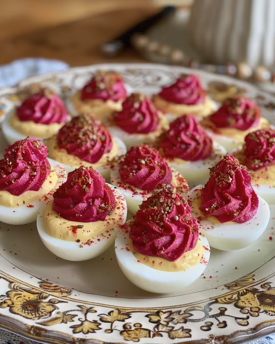 Fresh ingredients for beet pickled deviled eggs arranged