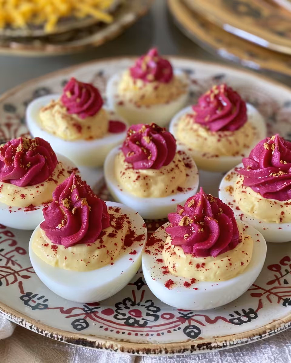Beautiful pink pickled deviled egg served and ready to eat