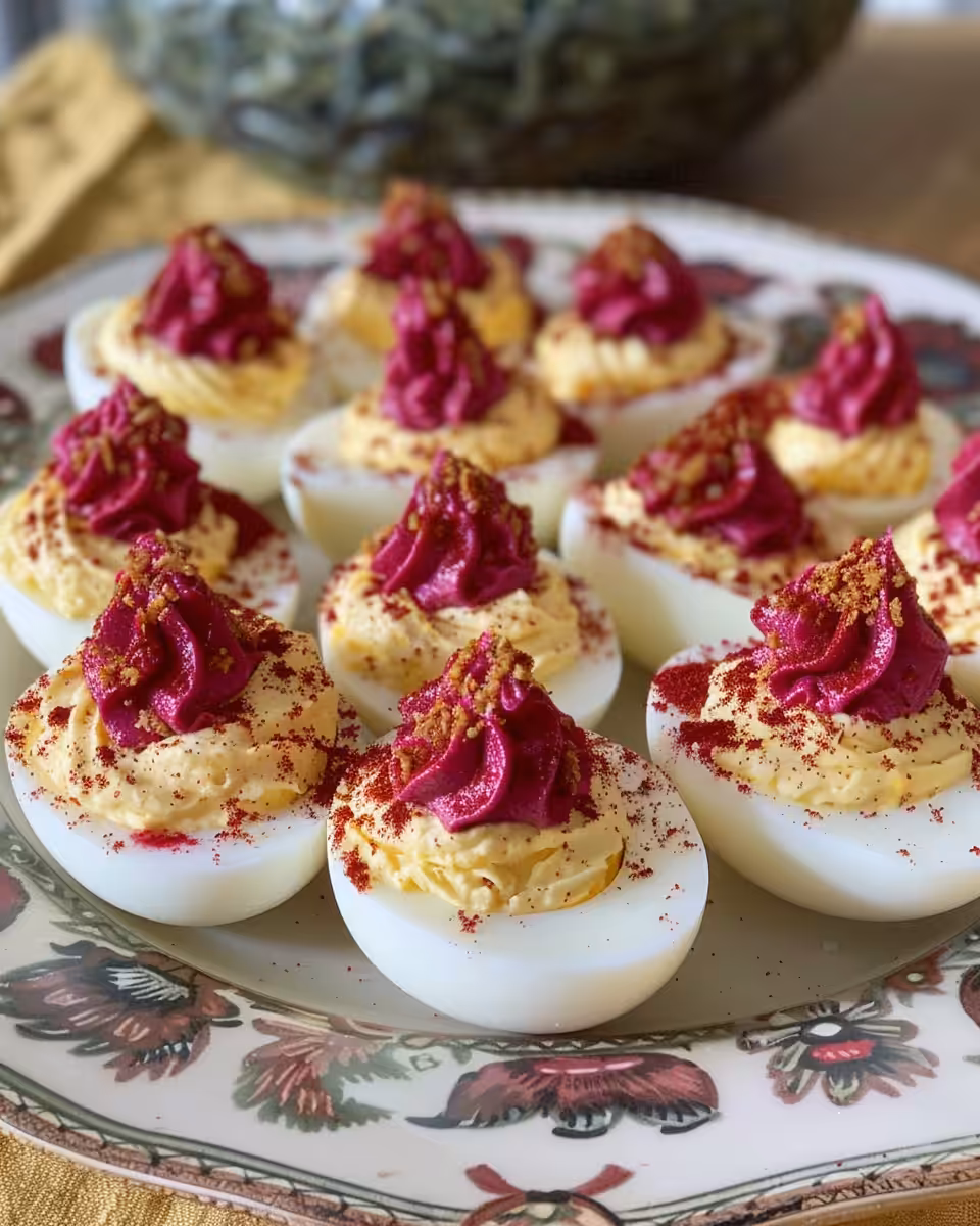 Hero image of festive beet pickled deviled eggs fresh and bright