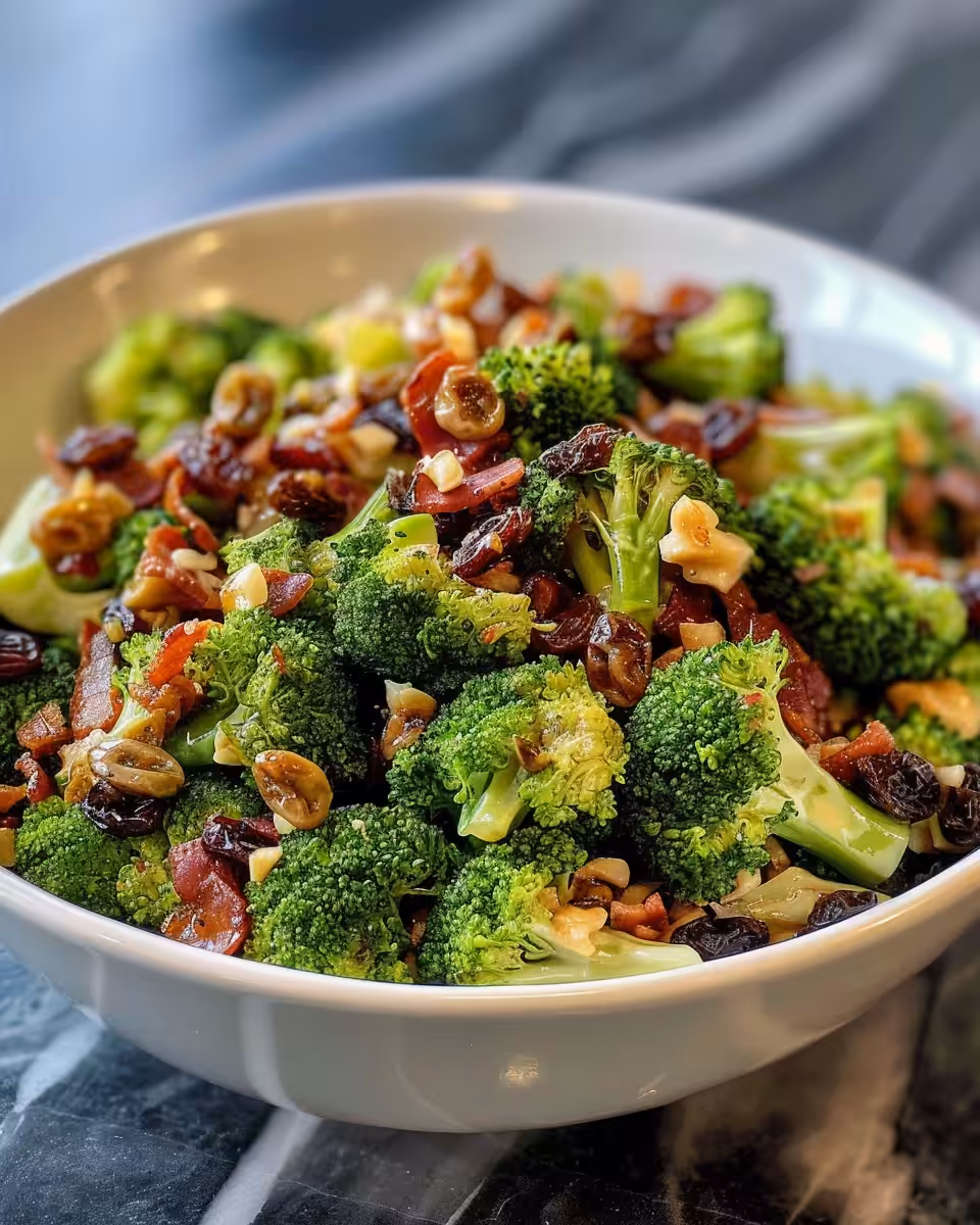 Ingredients mixed for broccoli raisin salad in a bowl