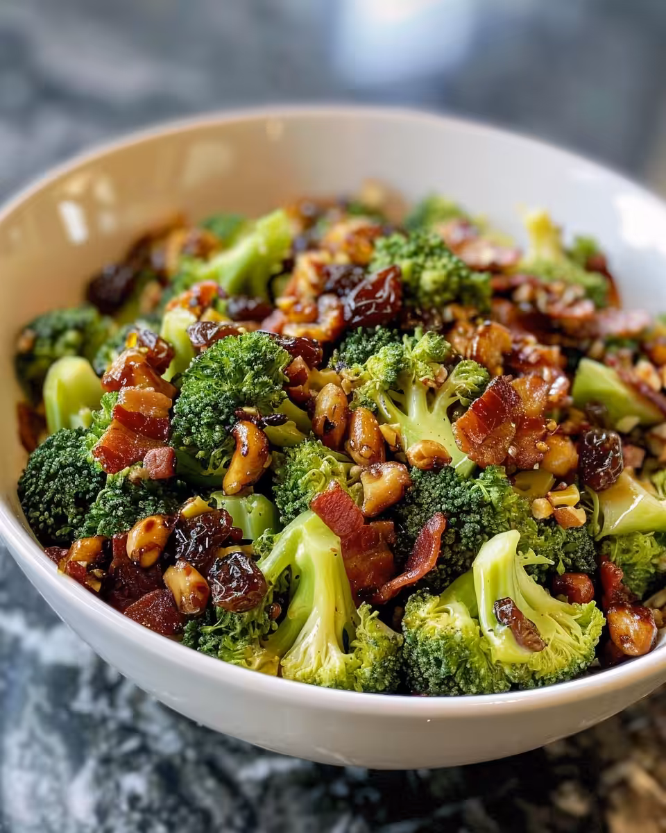 Bowl of finished broccoli raisin salad with bacon served and ready to eat