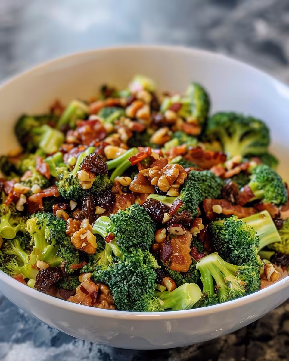 Delicious broccoli raisin salad with bacon fresh from the pressure cooker