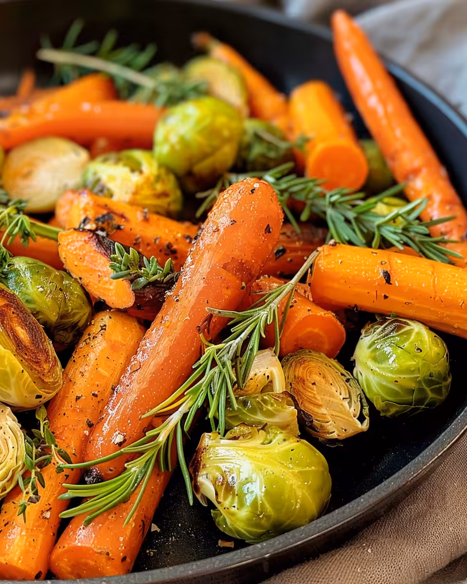 Final roasted brussels sprouts and carrots plated and ready to serve