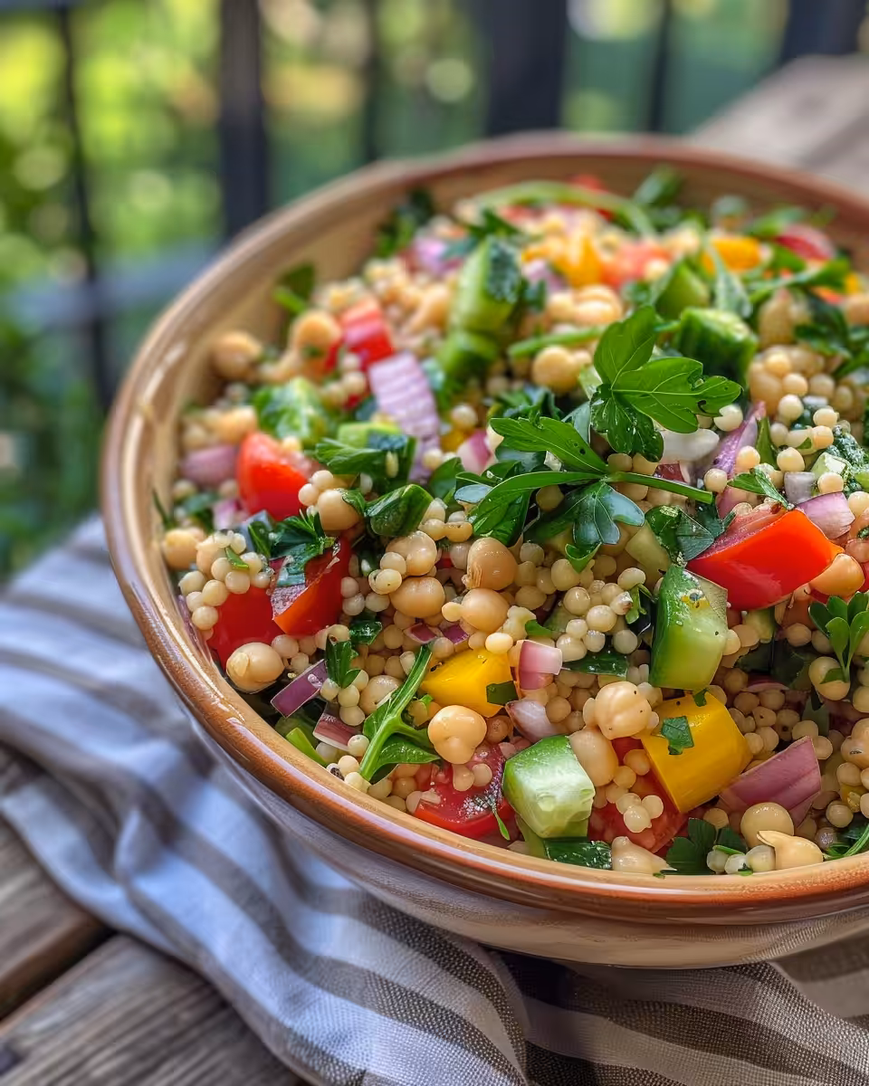 Ingredients for Mediterranean couscous salad with fresh veggies and chickpeas arranged on counter