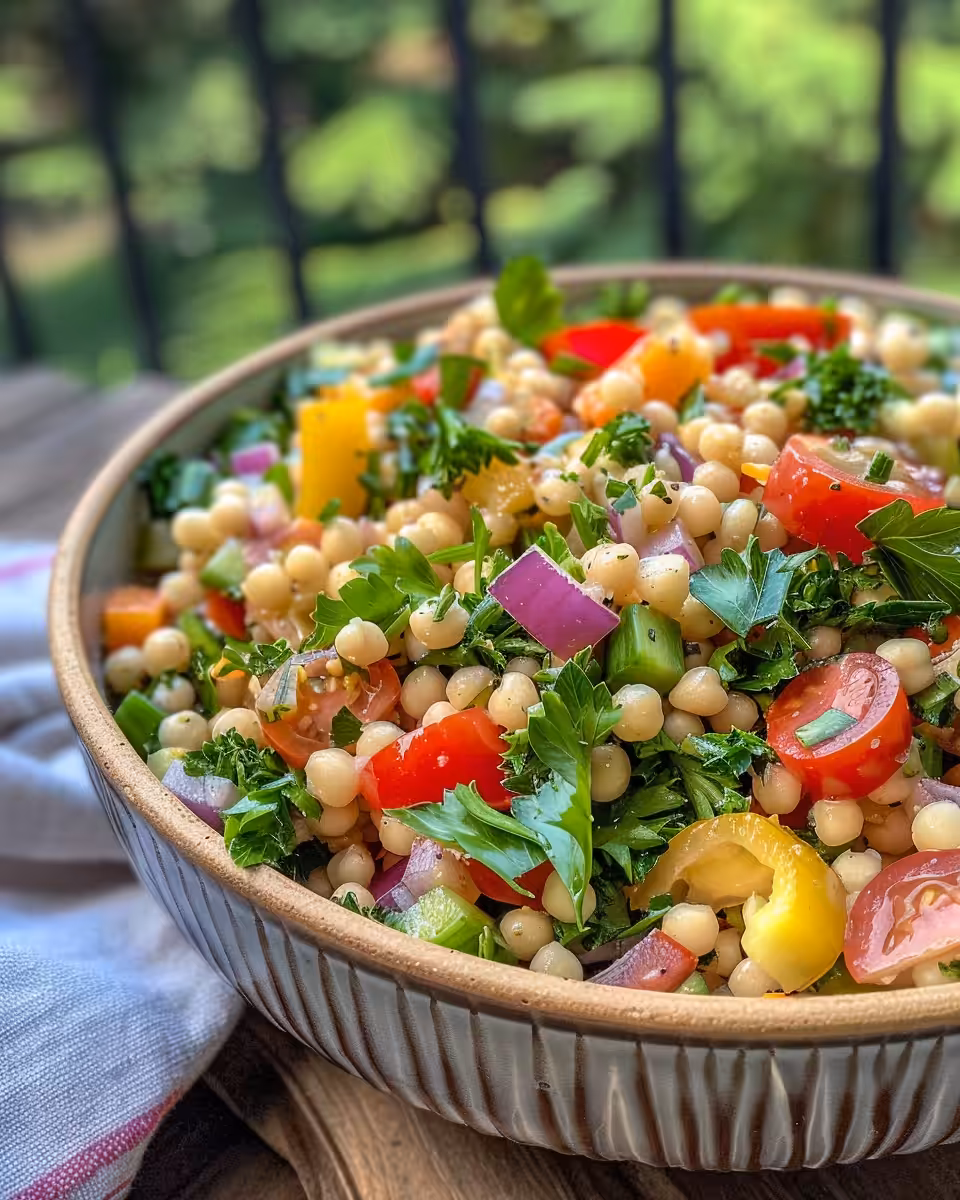 Final plated Mediterranean couscous salad with vibrant colors served in bowl