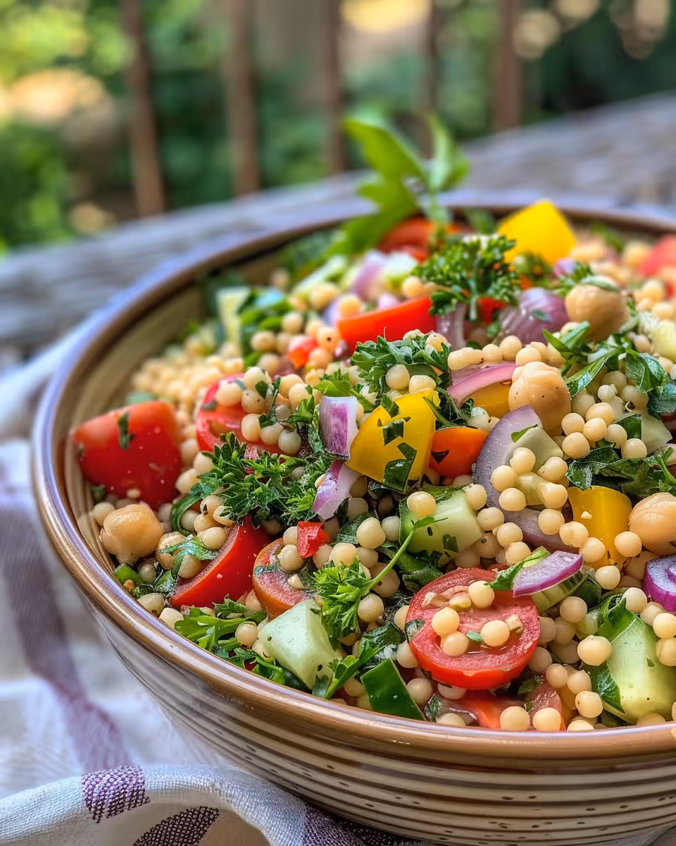 Freshly prepared flavorful Mediterranean couscous salad in bowl with vibrant veggies and chickpeas