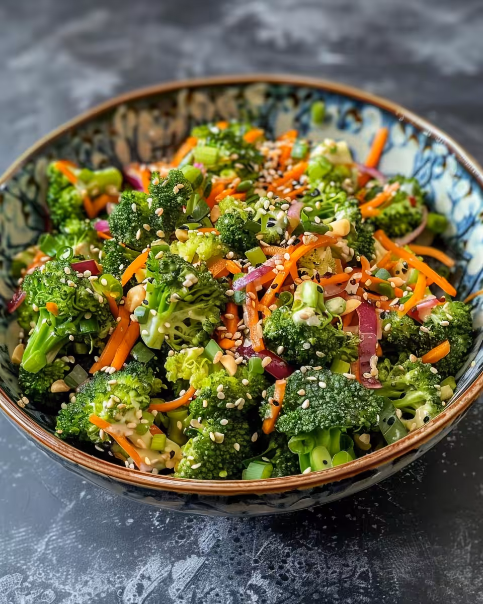 Ingredients for broccoli salad laid out on wooden board