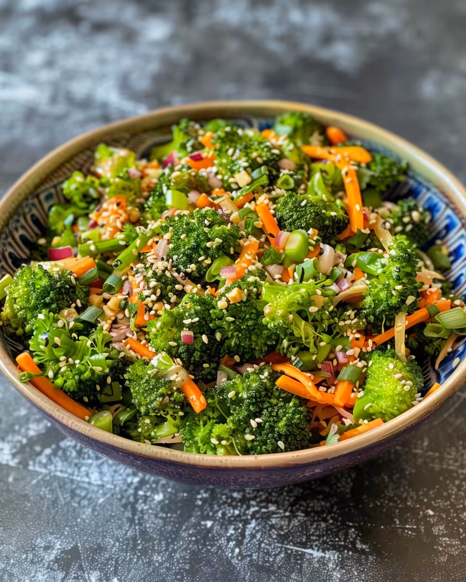 Final plated broccoli salad with vibrant colors and fresh ingredients