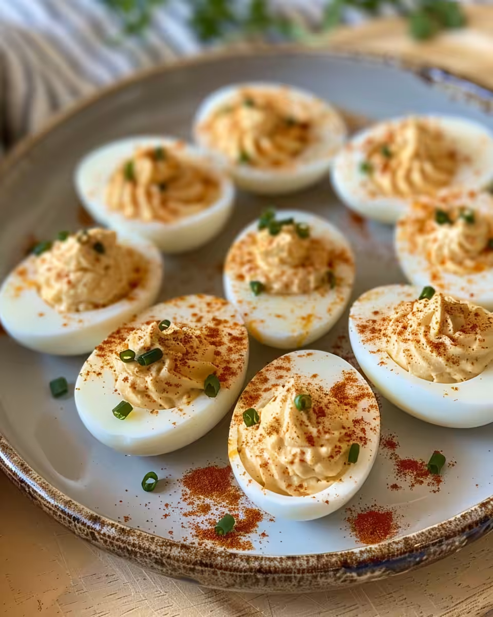 Ingredients for deviled eggs including mayonnaise, dill pickles, mustard, and paprika