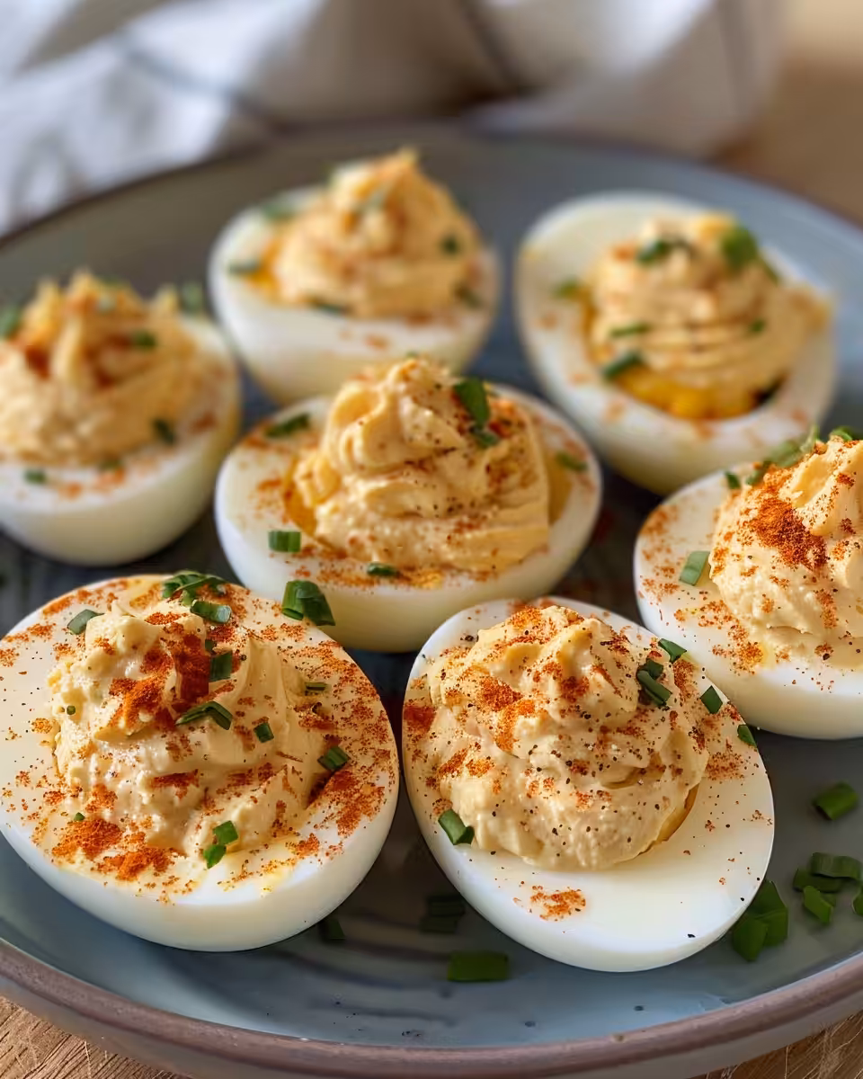 Final ready-to-serve deviled eggs plated with paprika garnish