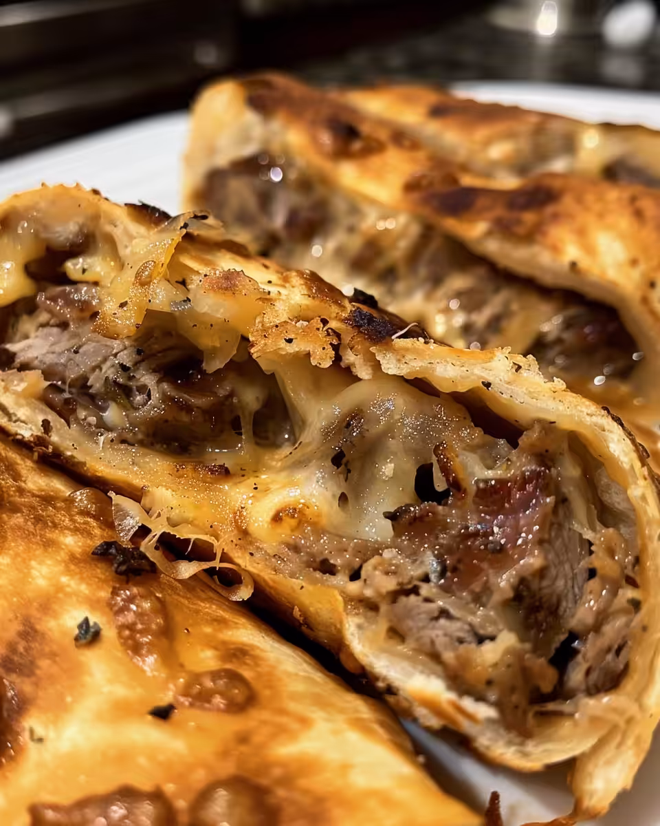 Layered tortillas with roast beef, cheeses, jalapenos, and caramelized onions