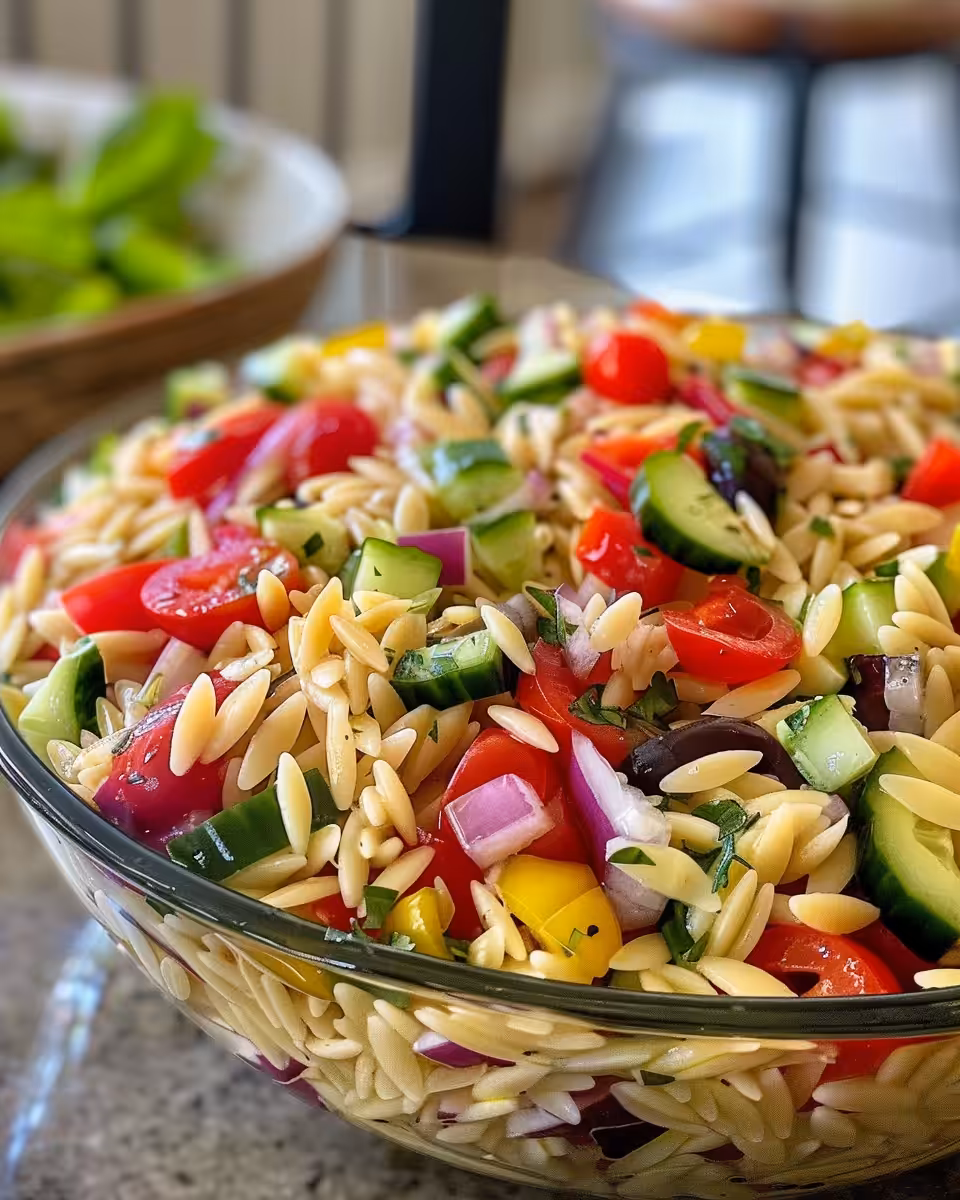 Ingredients for Mediterranean Orzo Pasta Salad spread out