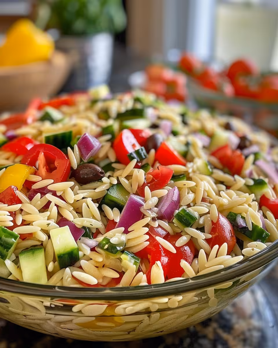 Plated Mediterranean Orzo Pasta Salad ready to serve